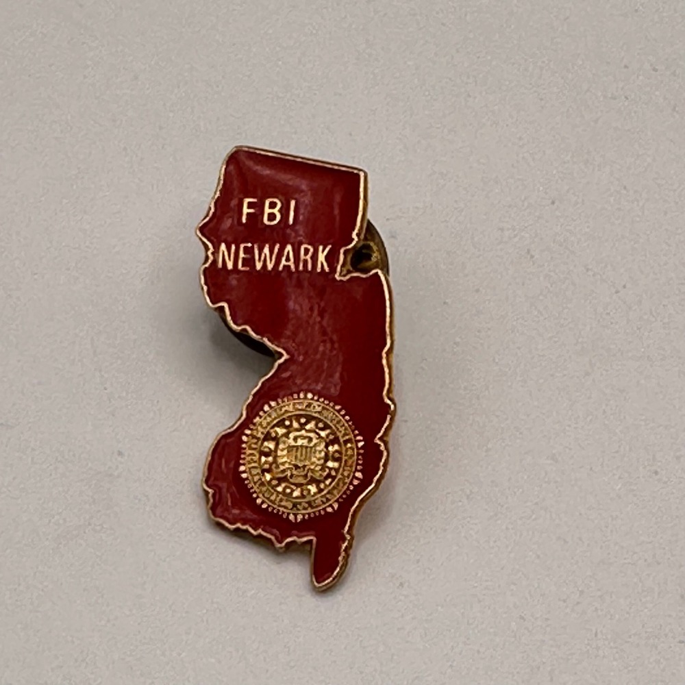 FBI Newark New Jersey State Map Enamel Lapel Pin Red Gold VWE Collectible